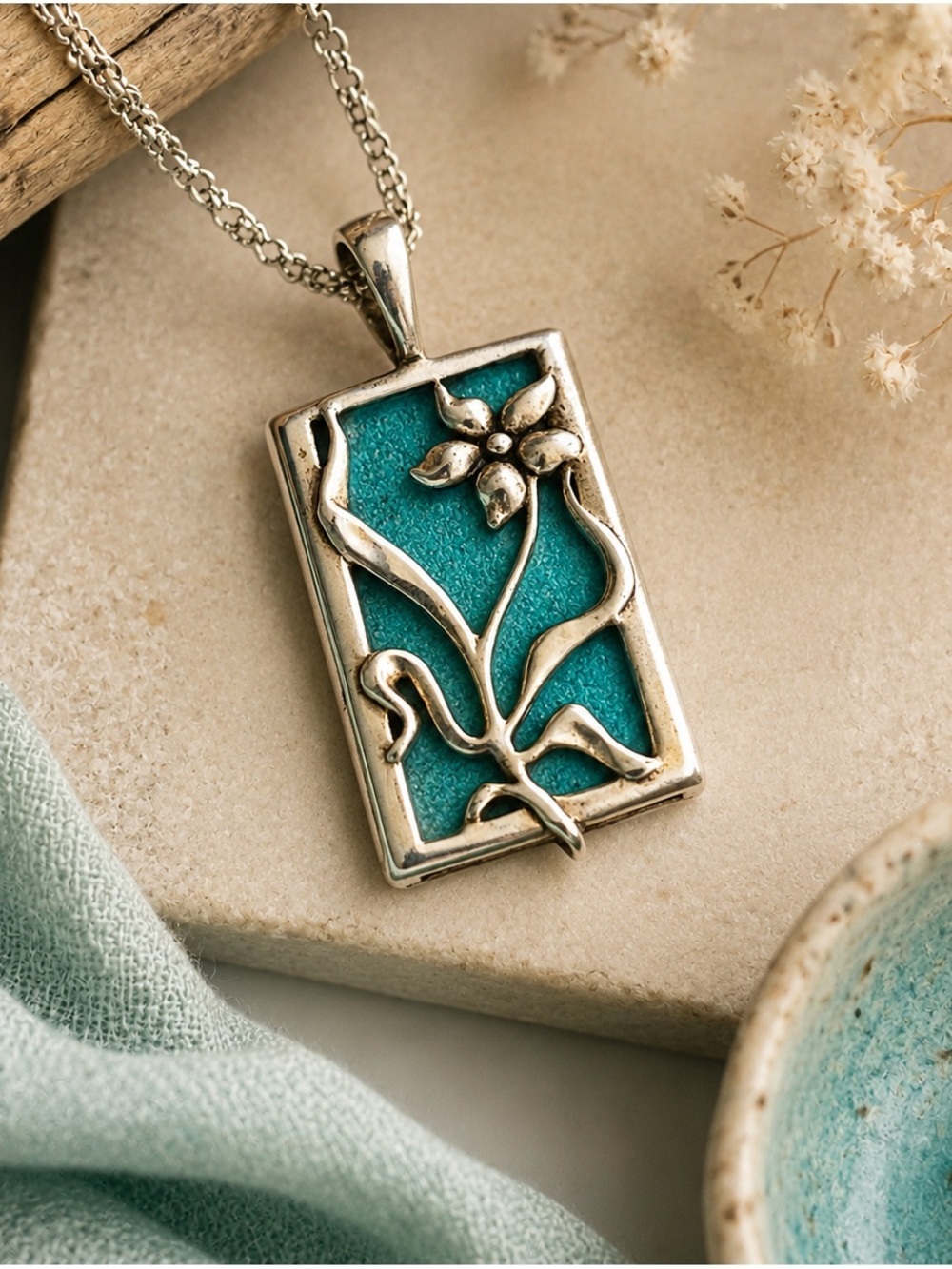 Coleman Co Genuine Turquoise Sterling Silver Floral Pendant Birmingham 2004